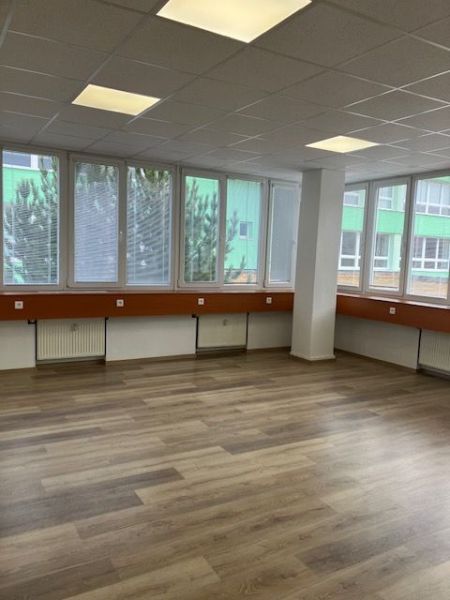 Kanceláře s podlahou s dřevěným dekorem a velkými okny.