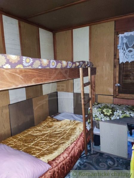 Patrová postel a dekor dřeva v chatové místnosti s kobercovou podlahou.