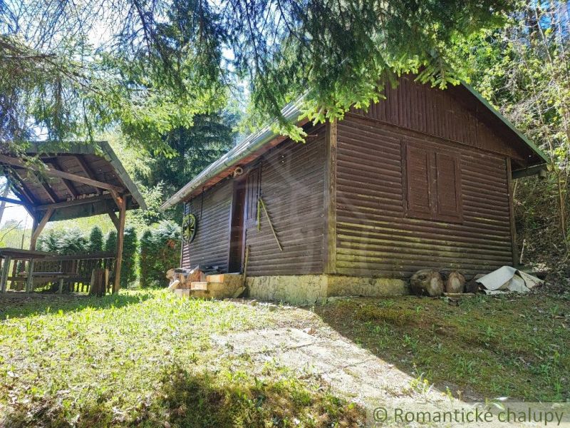 Dřevěná chata ve Slovenské Ľupči obklopená zelení a přístřeškem na posezení.