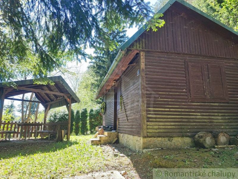 Chata ve Slovenské Ľupči obklopená zelení s venkovním posezením a dřevěným dekorem.