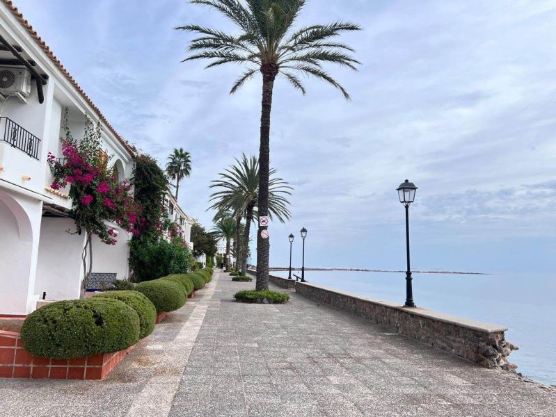 Promenáda u moře v La Manga del Mar Menor, Španělsko, lemovaná palmami a lampami.