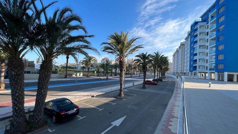 Palmy a podél cesty zaparkovaná auta u apartmánů v La Manga del Mar Menor, Španělsko.