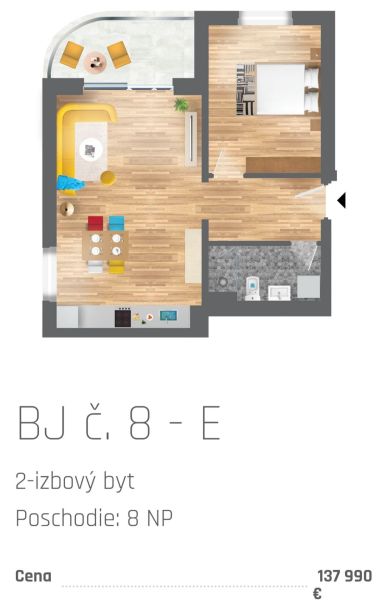 Půdorys 2pokojového bytu s podlahou v dřevěném dekoru a balkónem.