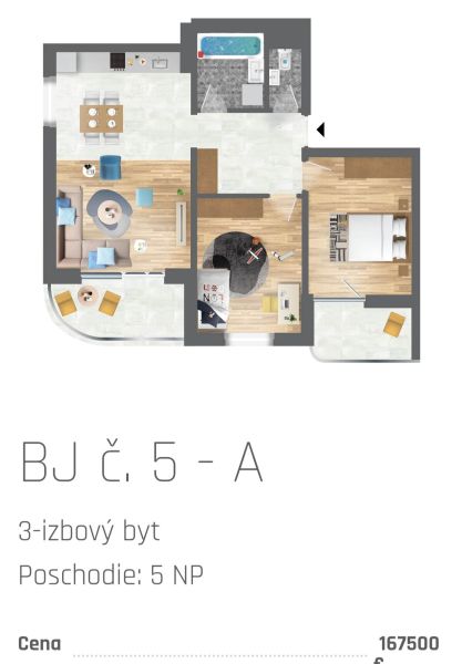 Půdorys 3-pokojového bytu s podlahou s dřevěným dekorem a balkonem.
