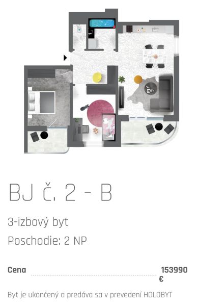 Půdorys 3-pokojového bytu s vybavením, kuchyní, obývacím pokojem a koupelnou.