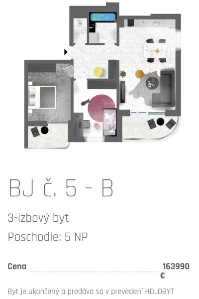 Půdorys 3pokojového bytu s moderním nábytkem a vybavením, cena 163990 €.
