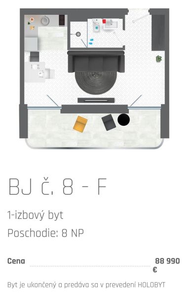 Půdorys 1-pokojového bytu s kuchyní, koupelnou a balkonem.