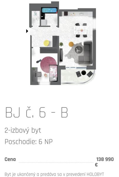 Půdorys 2-pokojového bytu s kuchyní, obývacím pokojem, koupelnou a balkónem.