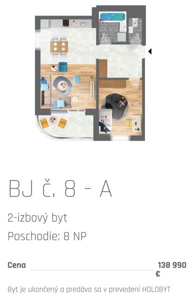 Půdorys 2-pokojového bytu s podlahou s dřevěným dekorem a balkonem.