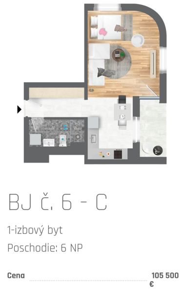 Půdorys 1-pokojového bytu s podlahou s dřevěným dekorem a vybavenou kuchyní.