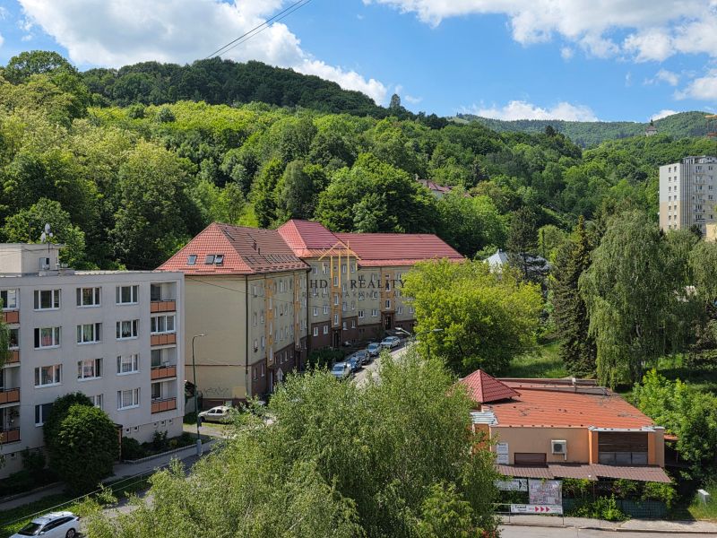 Výhled na okolí 2-pokojového bytu na Křižovatce v Banské Štiavnici, obklopený zelení.