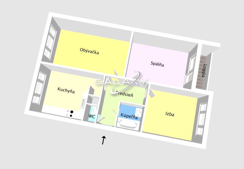 Půdorys 3-pokojového bytu s kuchyní, koupelnou a lodžií.