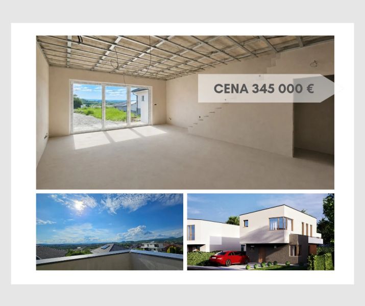 Interiér rodinného domu s velkými okny a výhledem na Prešov. Cena: 345 000 €.