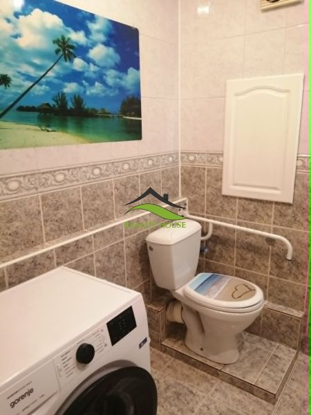 Koupelna s toaletou a pračkou ve 3pokojovém bytě, dekorativní obraz na stěně.
