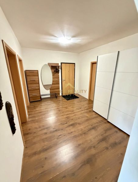 Chodba ve 4-pokojovém bytě s podlahou s dřevěným dekorem a úložnými prostory.