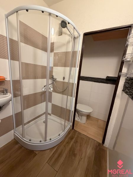 Sprchový kout a podlaha s dřevěným dekorem v koupelně 1pokojového bytu.