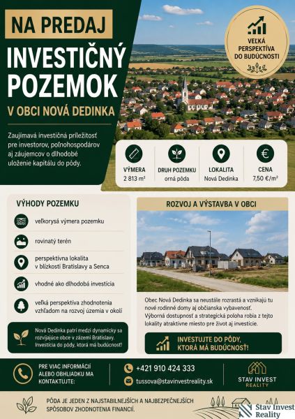 Nabídka investičního zemědělského pozemku v Nové Dedince s perspektivou zhodnocení.