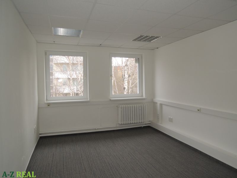 Bílé stěny, šedý koberec, dvě okna, radiátor, stropní osvětlení v kanceláři.