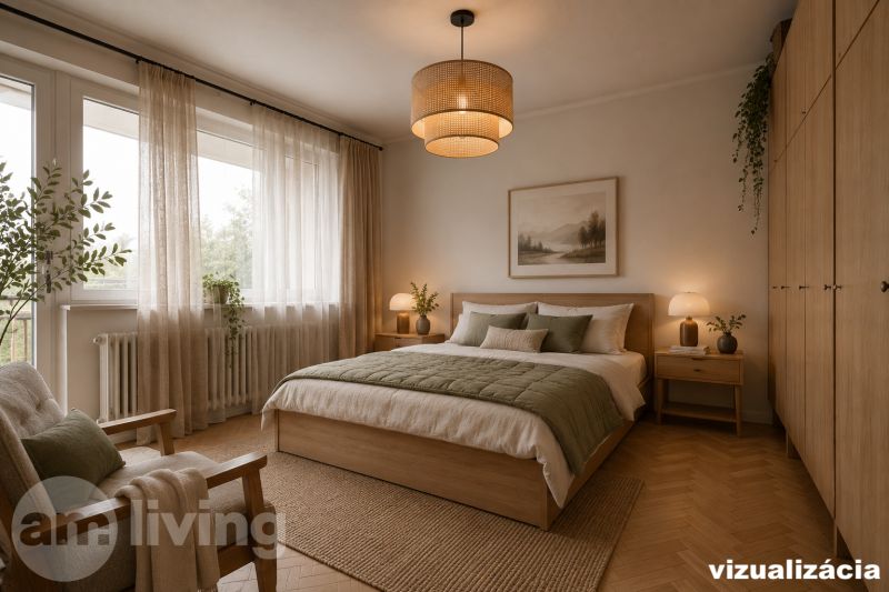 Ložnice s pohodlnou postelí, křeslem a podlahou s dřevěným dekorem v 3-pokojovém bytě.