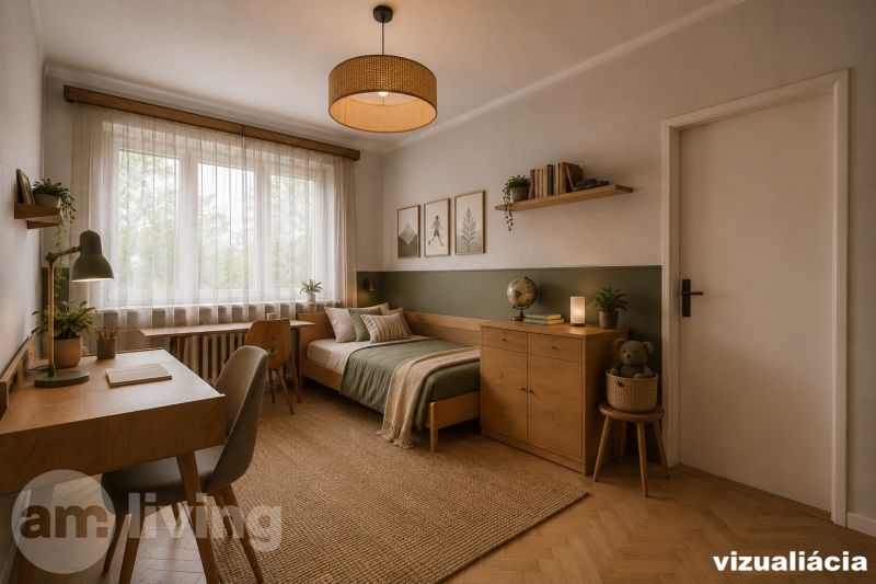 Dětský pokoj ve 3-pokojovém bytě s podlahou s dřevěným dekorem, vyzdobený zelenými doplňky.