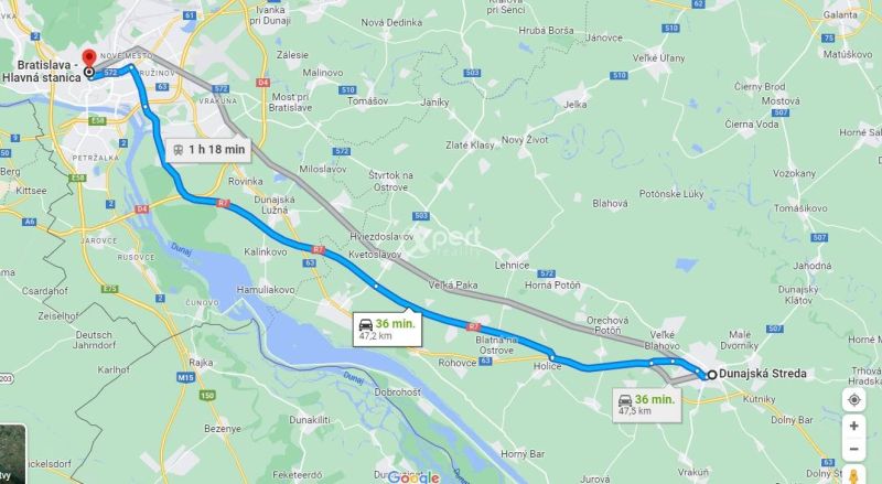 Mapa zobrazuje trasu z Dunajské Stredy do Bratislavy autem za 36 minut.