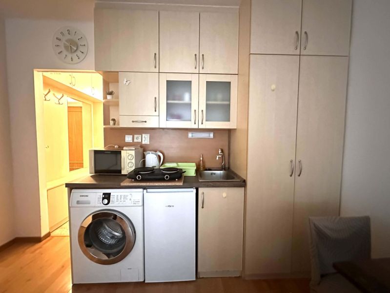Kuchyně v rekreačním apartmánu s kuchyňskou linkou a pračkou, podlaha s dřevěným dekorem.
