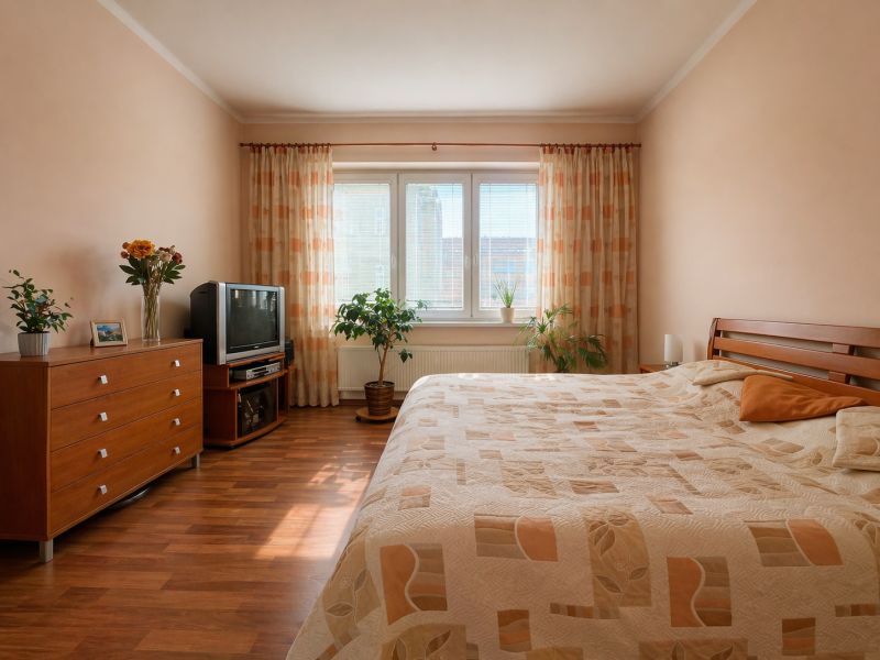 Ložnice ve 4pokojovém bytě s podlahou s dřevěným dekorem a jemným osvětlením.
