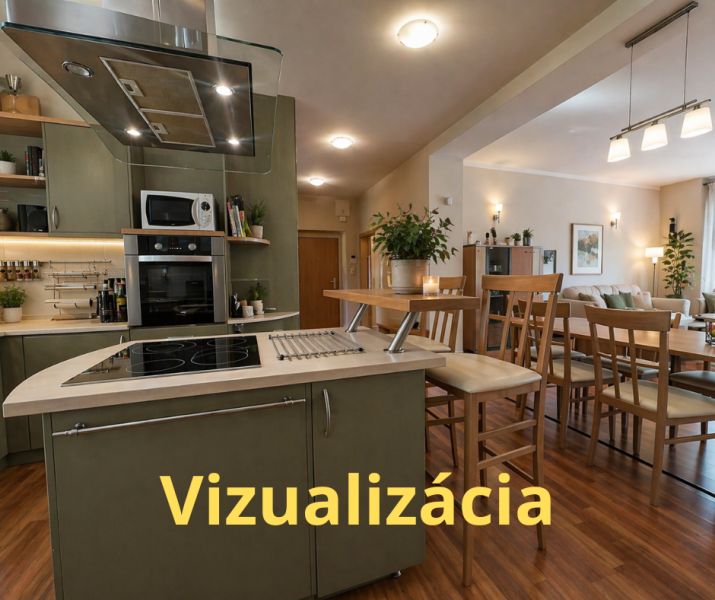 Otevřená kuchyň a obývací pokoj s podlahou s dřevěným dekorem ve 4pokojovém bytě.