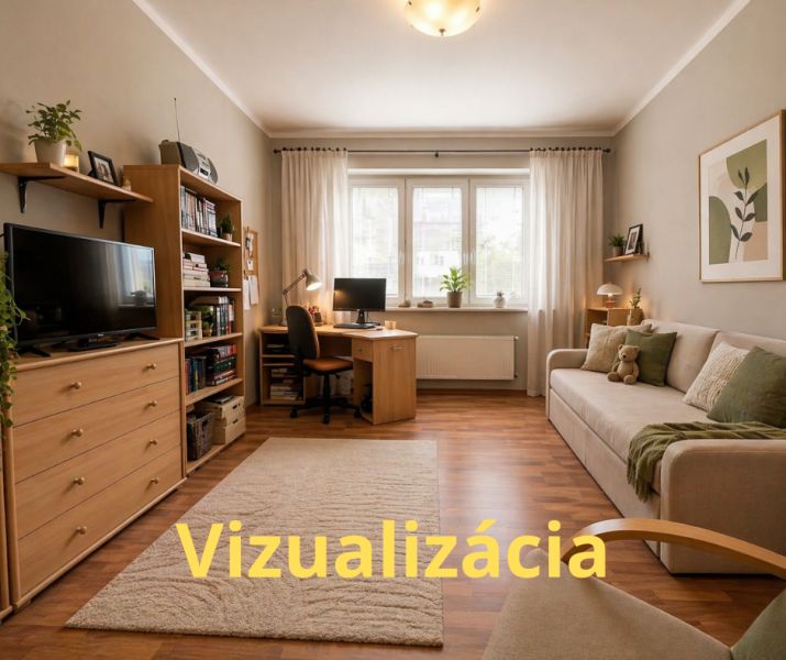 Obývací pokoj ve 4pokojovém bytě s podlahou s dřevěným dekorem a pohodlnou sedačkou.