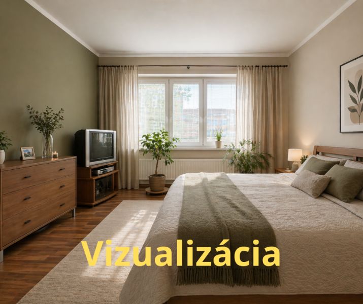 Ložnice s podlahou s dřevěným dekorem, televizorem a prostornou postelí ve 4pokojovém bytě.
