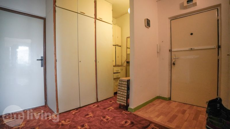Vstupní předsíň v 2-pokojovém bytě s podlahou s dřevěným dekorem a vestavěnými skříněmi.