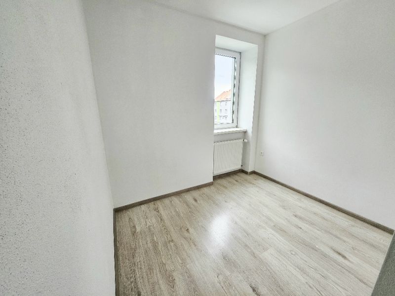 Pokoj v 1-pokojovém bytě s podlahou s dřevěným dekorem a světlou stěnou.