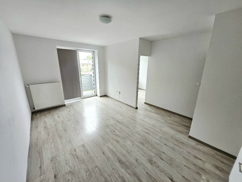 Obývací pokoj s bílými stěnami a podlahou s dřevěným dekorem v 1-pokojovém bytě.