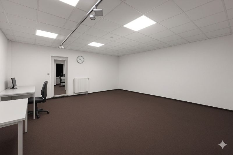 Priestranné kanceláře s bílými stěnami, hnědým kobercem a minimalistickým zařízením.