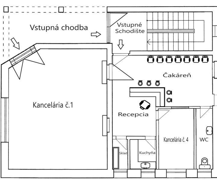Půdorys kanceláře s recepcí, čekárnou, kuchyní a skladem.