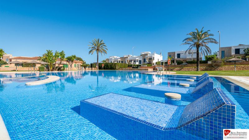 Bazén u rekreačního apartmánu v Cala Murada na Mallorce s palmami a lehátky.