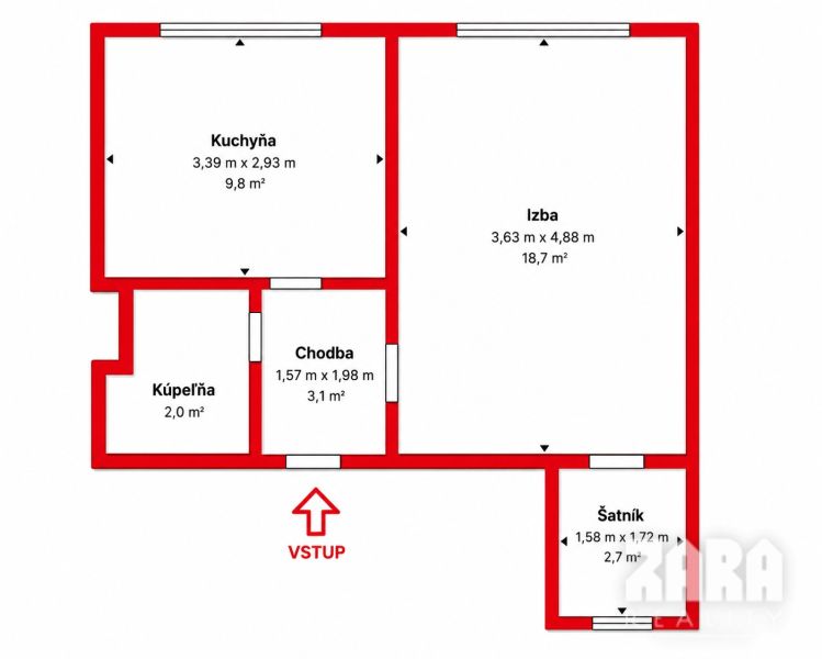 Půdorys 2-pokojového bytu s kuchyní, koupelnou, chodbou a šatníkem.