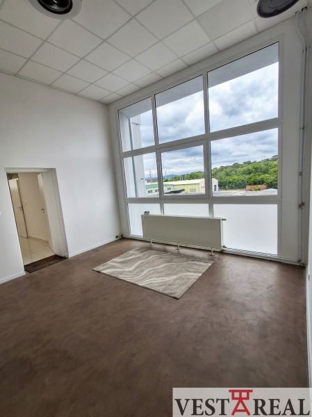 Kancelář s velkým oknem, podlahou s dřevěným dekorem a vytápěním.