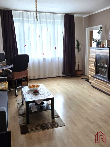 Obývací pokoj ve 4pokojovém bytě s pohovkou a podlahou s dřevěným dekorem.