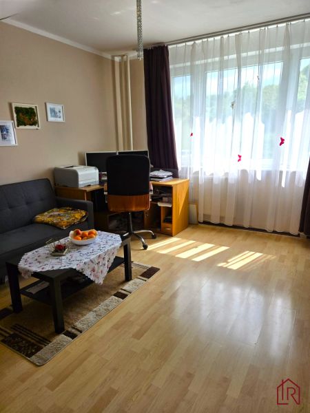 Obývací pokoj ve 4pokojovém bytě s podlahou s dřevěným dekorem a pracovním koutem.