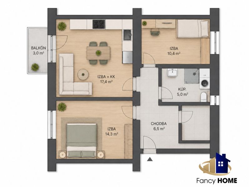 Půdorys 2-pokojového bytu s vybavením, balkon, podlaha s dřevěným dekorem.