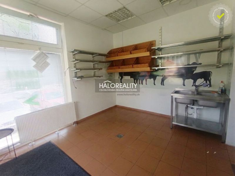 Obchodní prostory se stěnami s grafikou krav, policemi a umyvadlem, podlaha s dlažbou.