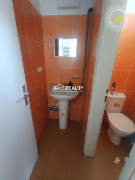 Oranžově obložené toalety s umyvadlem, zrcadlem a WC v obchodních prostorách.