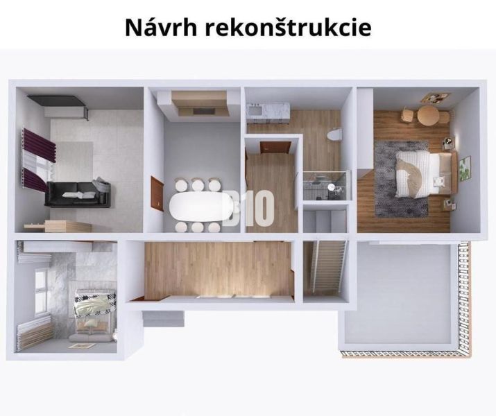 Návrh rekonstrukce rodinného domu s ložnicí, kuchyní a koupelnou s podlahou s dřevěným dekorem.