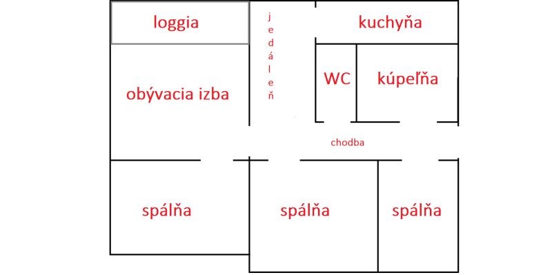Půdorys 4pokojového bytu zahrnuje obývací pokoj, kuchyň, tři ložnice, koupelnu.