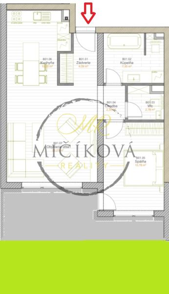 Půdorys 2-pokojového bytu. Ukazuje dispozici kuchyně, obývacího pokoje a ložnice.