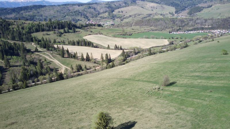 Kopcovitá krajina v Černém Balogu se zemědělskými a lesními pozemky plná stromů a luk.