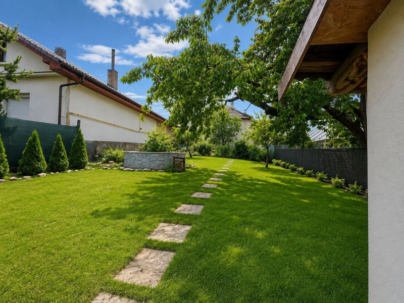 Zahrada rodinného domu v Šalgovcích s trávníkem, stromy a chodníkem z dlažby.