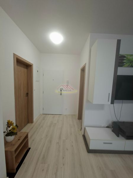 Chodba s bílými stěnami, podlahou s dřevěným dekorem a skříní v garsonce.