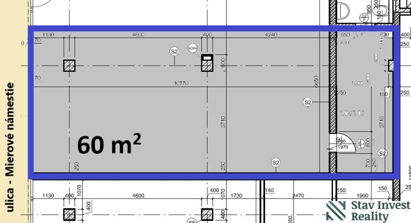 Půdorys obchodního prostoru o rozloze 60 m² na Mírovém náměstí v Senci.